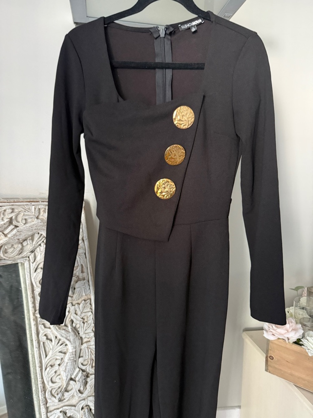 Fashion Nova Black Long-Sleeve Jumpsuit with Gold Medallion Buttons